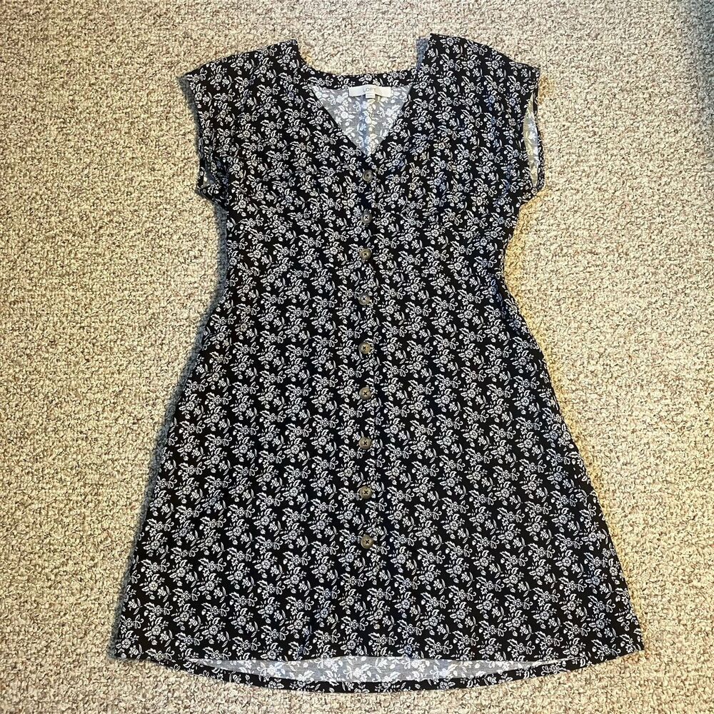 Loft Linen Blend Floral Sundress Size 10 Button Front Floral Black White Boho